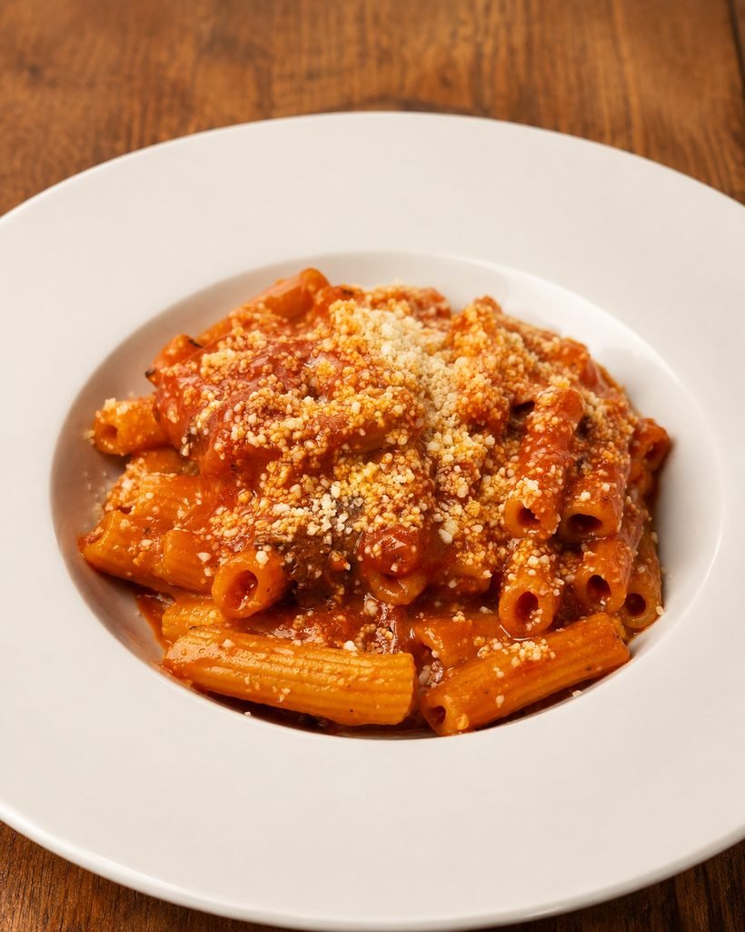 Pasta a la amatriciana con guanciale, tomate y pecorino rallado