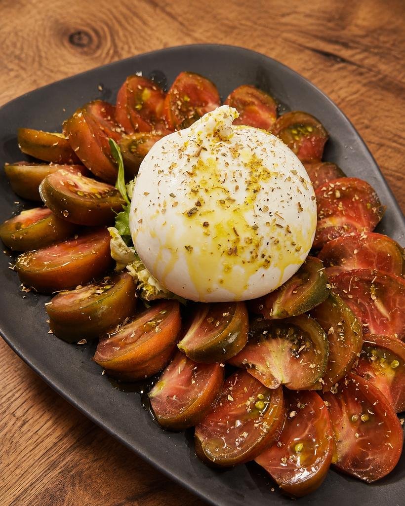 Burrata de 200 g sobre tomate en rodajas, con orégano y aceite de oliva