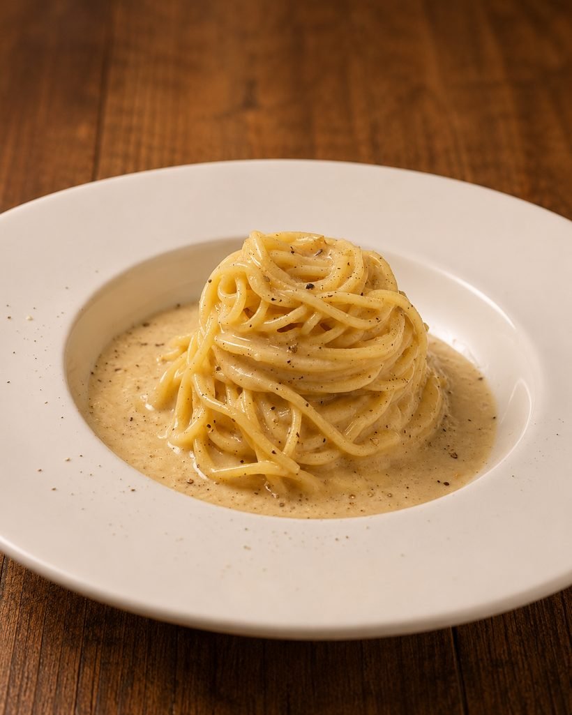 Espaguetis cacio e pepe con pecorino romano y pimienta negra