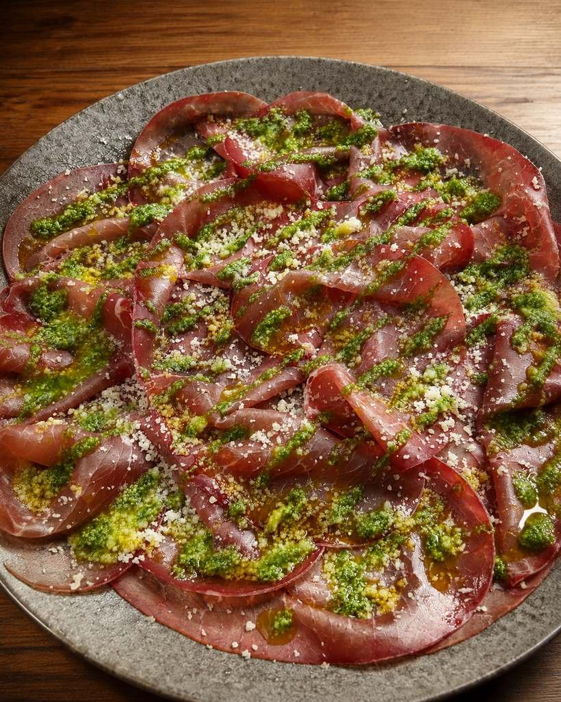 Carpaccio de bresaola con pesto de rúcula y parmesano rallado