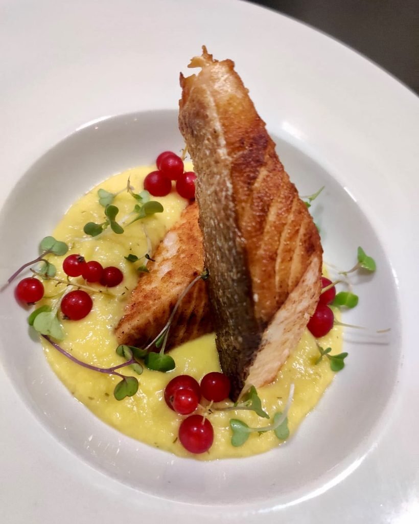 Filete de salmón sobre crema de calabacín y menta, con grosellas