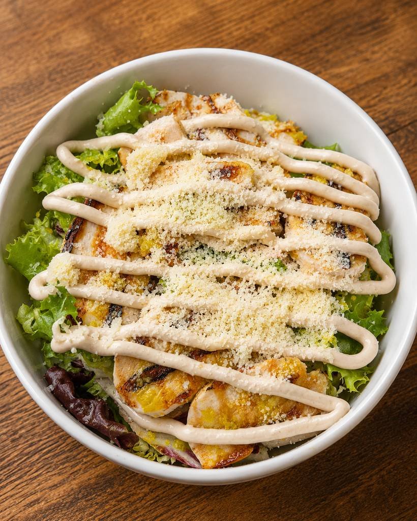 Ensalada César con pechuga de pollo a la plancha, Grana Padano y mayonesa de anchoas