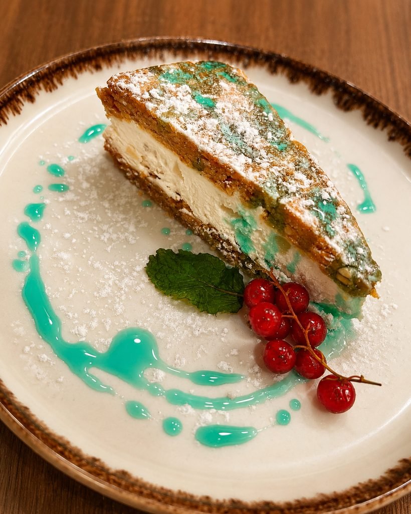 Porción de tarta de ricotta y peras con azúcar glas y grosellas