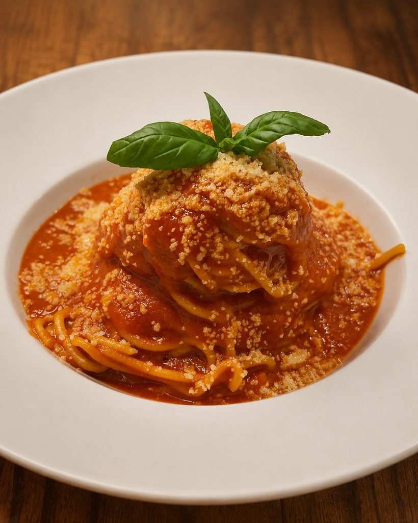 Espaguetis frescos con salsa de tomate, parmesano y albahaca