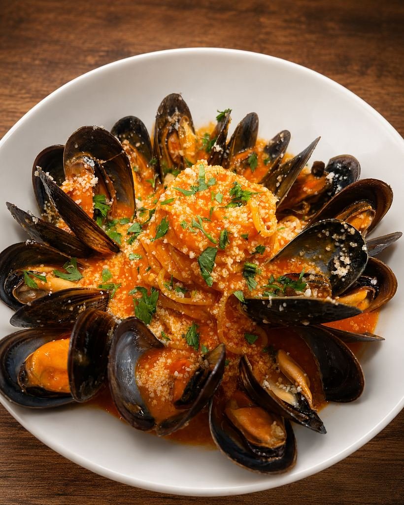 Espaguetis con tomate, mejillones y pecorino, con los mejillones alrededor del plato