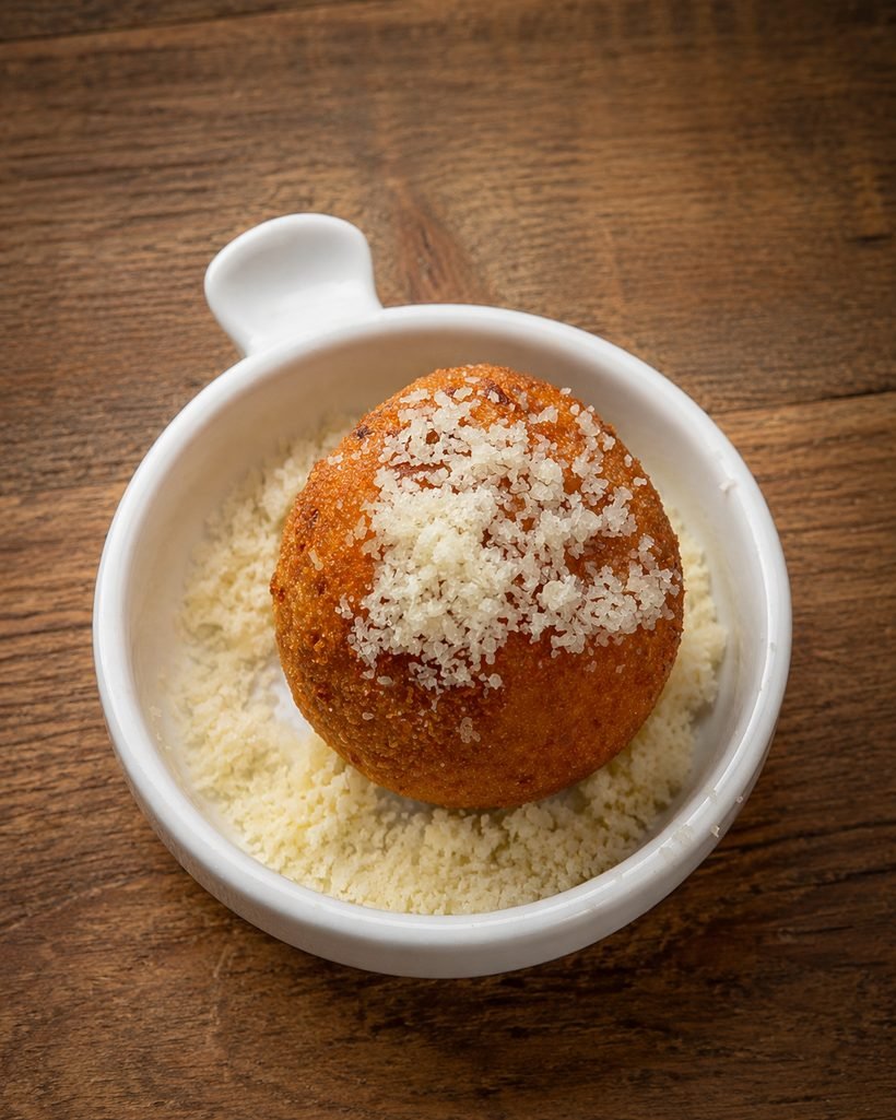Supplì casero de arroz y ragú, rebozado y frito, sobre parmesano rallado