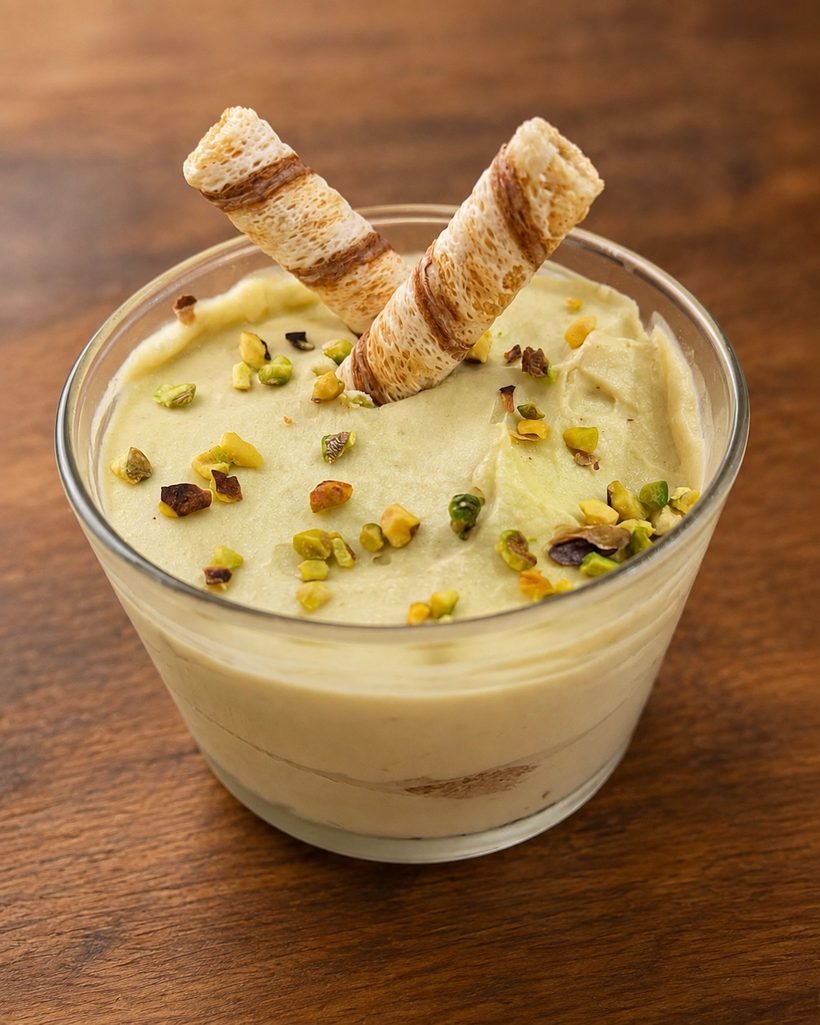 Tiramisú de pistacho en vaso, con pistacho picado y barquillos