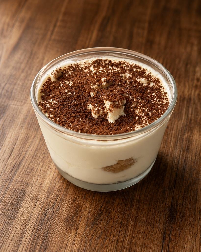 Tiramisú tradicional en vaso, con cacao espolvoreado