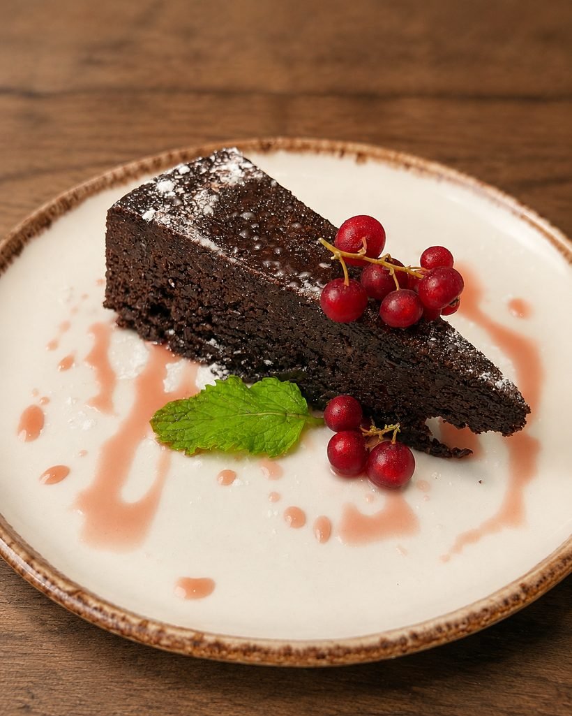 Porción de torta caprese de chocolate y almendra con grosellas rojas